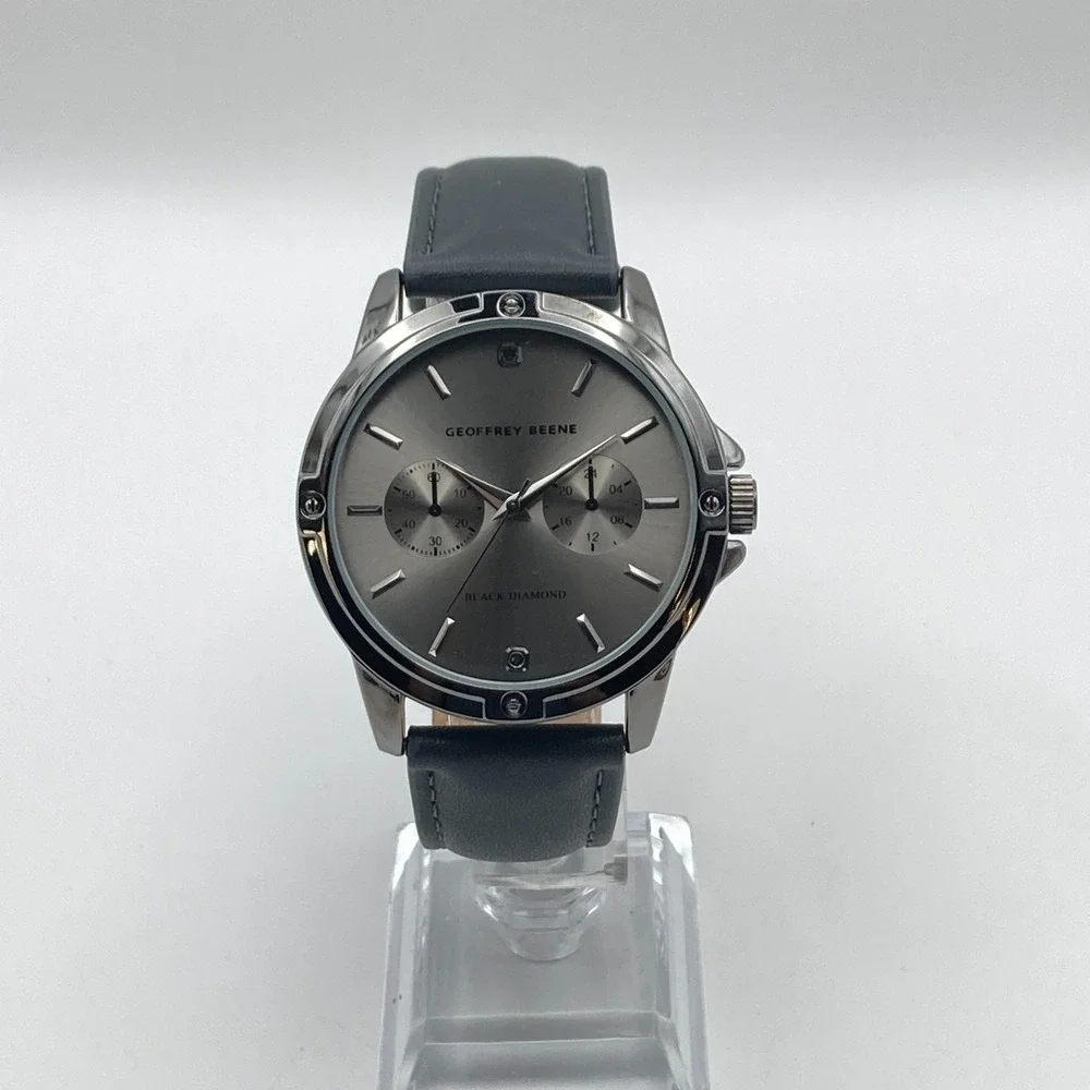 Geoffrey Beene Men's Watch 43mm Black Diamond Gray Band New Battery 10